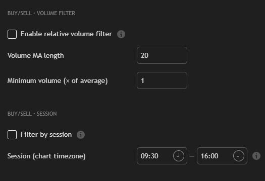 Volume and Session filter settings — relative volume filter and session timezone