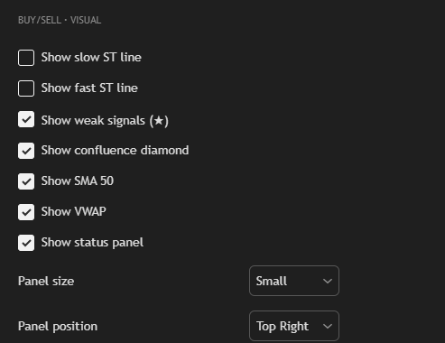 Visual settings — toggle overlays, panel size and position